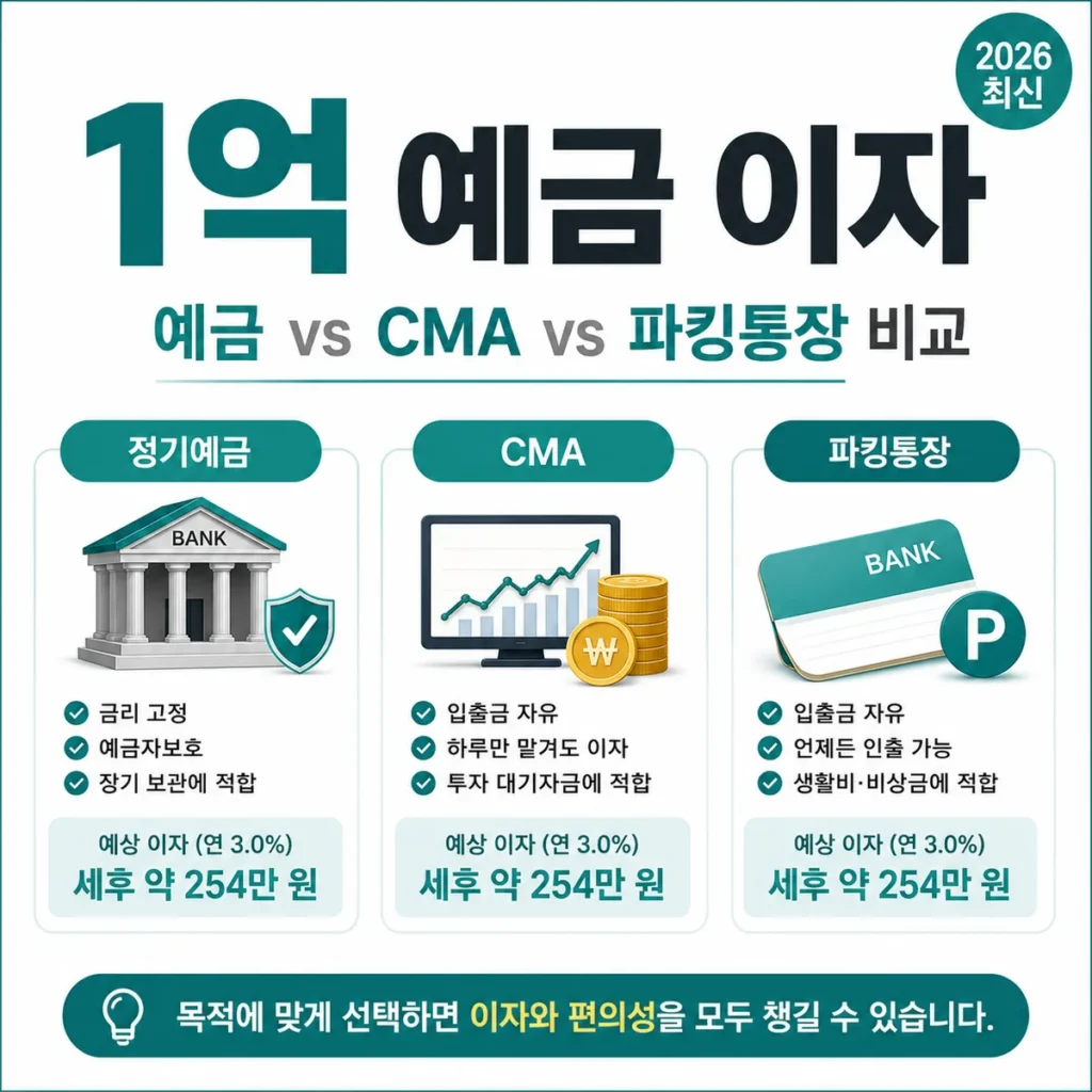 1억 예금 이자와 예금·CMA·파킹통장의 금리, 특징, 장단점을 비교한 대표 이미지