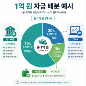 1억 예금을 정기예금 CMA 파킹통장으로 나누어 관리하는 자금 배분 예시