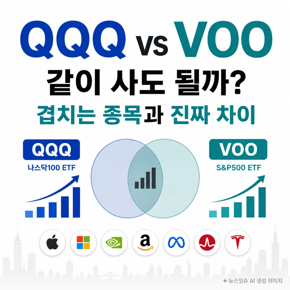 QQQ vs VOO 같이 투자할 때 겹치는 종목과 차이를 비교한 이미지