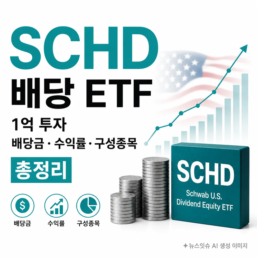 SCHD 배당 ETF 1억 투자 시 배당금과 수익률, 구성종목을 설명하는 이미지