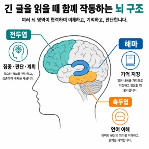 긴 글을 읽을 때 전두엽, 해마, 측두엽이 함께 작동하는 뇌 구조를 설명한 인포그래픽