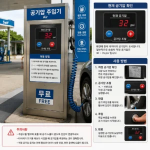 주유소 셀프 공기압 주입기를 이용해 자동차 타이어 공기압을 확인하고 보충하는 방법