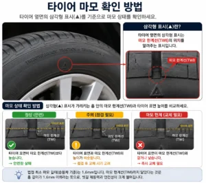 타이어 옆면 삼각형(TWI) 표시를 이용해 마모 한계선을 확인하는 방법