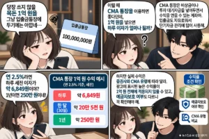 CMA 통장에 1억 원을 넣었을 때 연 2.5% 기준 하루 약 6,849원, 한 달 약 20만 5천 원, 1년 약 250만 원의 세전 수익을 설명하는 뉴스잇슈 만화