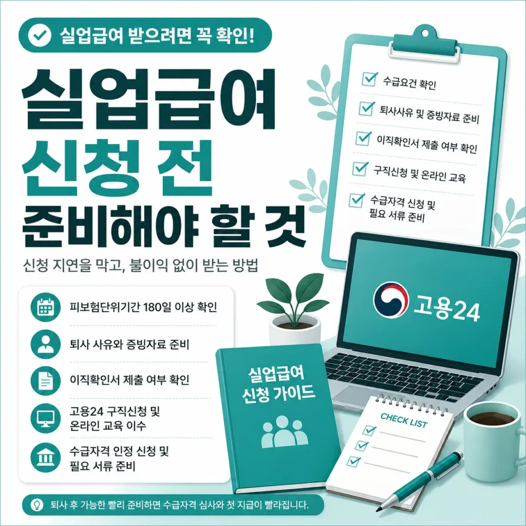 실업급여 신청 전 준비해야 할 사항과 신청 절차를 정리한 인포그래픽