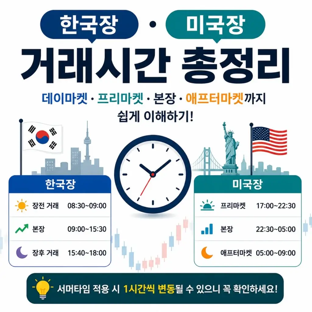 한국장 미국장 거래시간과 프리마켓·본장·애프터마켓 비교