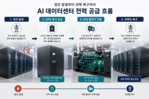 정전 발생 후 UPS와 디젤 발전기를 거쳐 전력이 복구되는 AI 데이터센터 전력 공급 과정