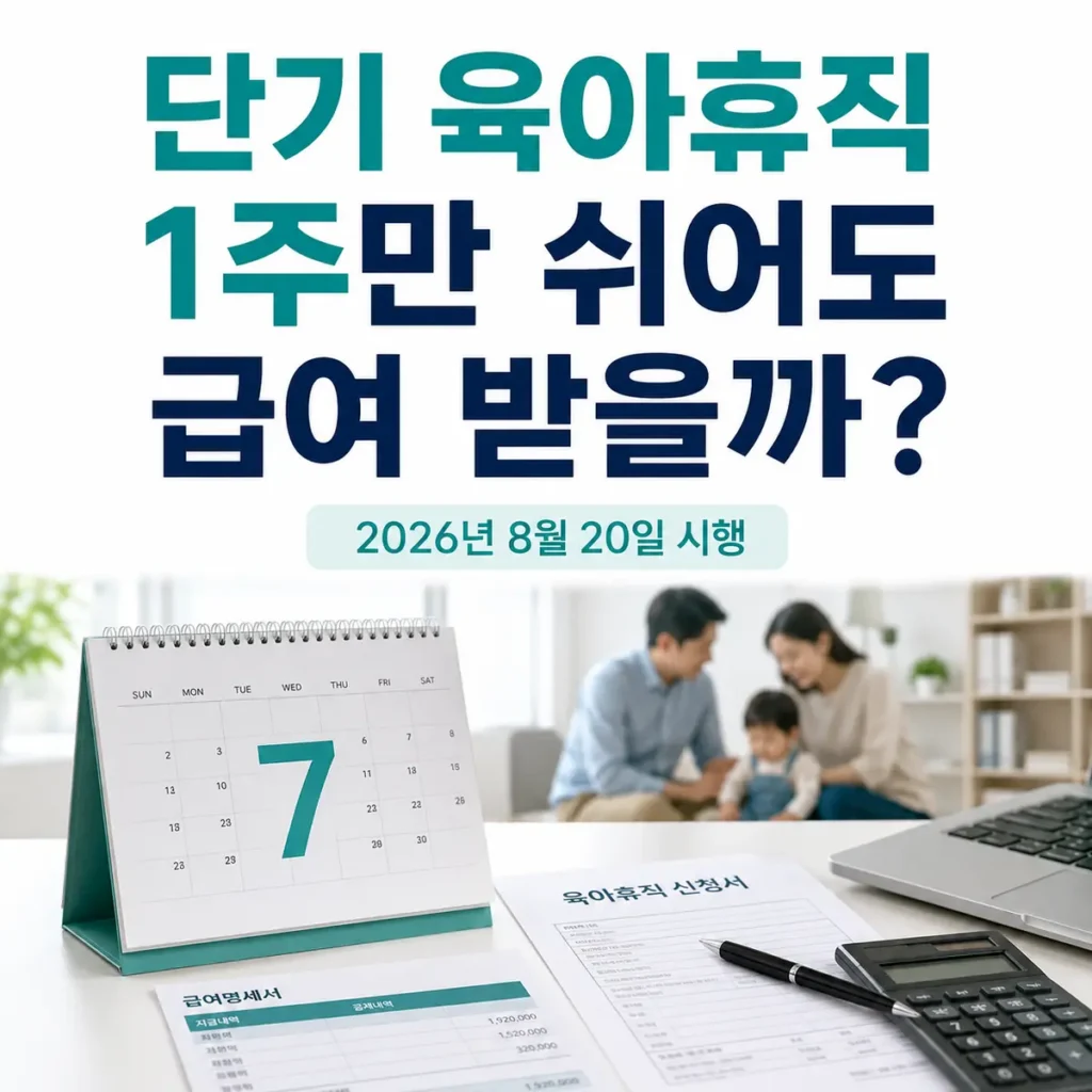 단기 육아휴직 7일 사용과 급여 신청을 표현한 달력 및 육아휴직 신청서