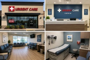 미국 Urgent Care 외관, 접수 데스크, 대기실, 진료실 모습을 보여주는 의료시설 이미지