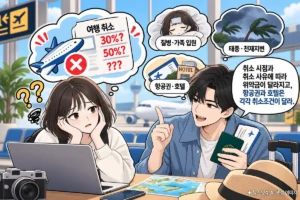 해외여행 취소 위약금 30%·50% 기준과 질병·가족 입원, 태풍·천재지변, 항공권·호텔 취소조건을 설명하는 뉴스잇슈 만화