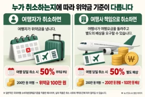 여행자가 취소할 때와 여행사 책임으로 취소할 때의 위약금 50% 기준 및 200만 원 여행 환불금액 비교