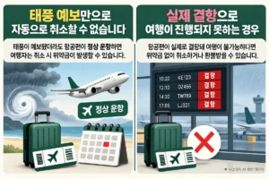 태풍 예보 시 항공편 정상 운항과 실제 결항 상황에 따른 해외여행 취소 위약금 및 환불 기준 비교