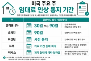 미국 주요 주 임대료 인상 통지 기간 비교 인포그래픽