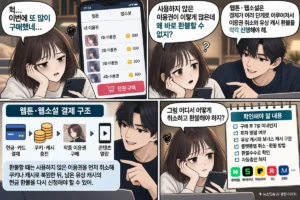 웹툰 웹소설 환불 방법과 미사용 이용권 취소, 유상 쿠키·캐시 환불 절차를 설명하는 뉴스잇슈 만화