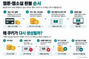 웹툰·웹소설 환불 순서와 쿠키 복원 과정, 미열람 이용권 취소 후 유상 쿠키 환불 신청 방법을 설명한 인포그래픽