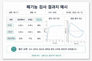 FVC, FEV1, FEV1/FVC와 정상예측치가 표시된 폐기능 검사 결과지 예시