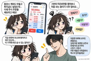 주식 주문 화면에서 현재가와 호가, 시장가, 지정가, 미체결을 설명하는 이미지