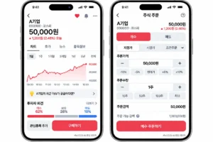주식 주문 화면에서 지정가와 시장가, 주문가격과 수량을 선택하는 예시
