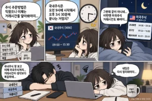 주식 거래시간 국내주식과 미국주식 정규장 시간외거래를 확인하는 모습