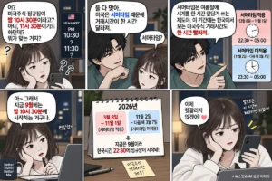 미국주식 거래시간 서머타임 적용과 미적용 정규장 시간 설명 만화
