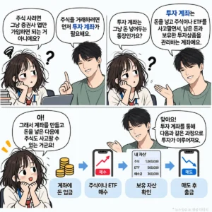 투자 계좌에 돈을 입금하고 주식이나 ETF를 매수·매도하는 과정을 설명한 이미지