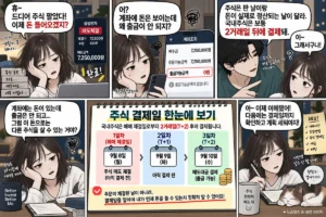 주식 결제일 T+2와 매도 후 출금 가능일을 설명하는 만화