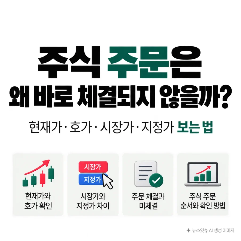 주식 주문 시 현재가와 호가, 시장가와 지정가 차이, 주문 체결과 미체결 확인 방법을 설명한 이미지