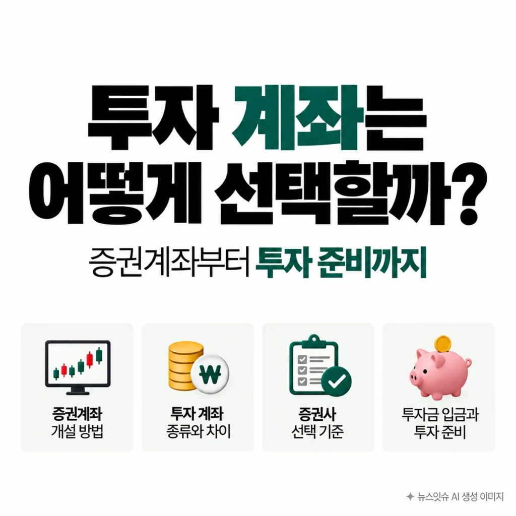 투자 계좌 선택 방법과 증권계좌 개설, 계좌 종류, 증권사 선택 기준 및 투자금 입금 과정을 설명한 이미지