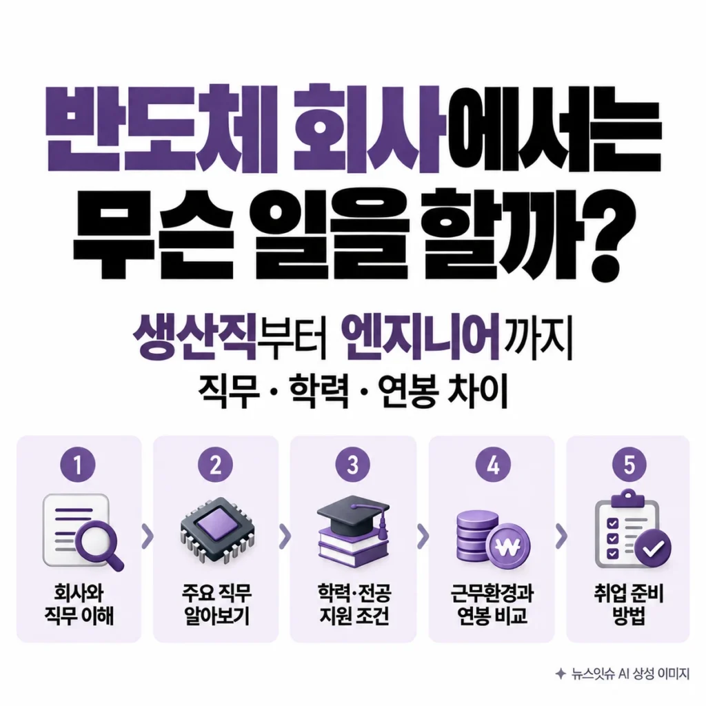 반도체 회사 직무 종류와 생산직·엔지니어의 업무, 학력, 근무환경 및 연봉 차이를 정리한 이미지