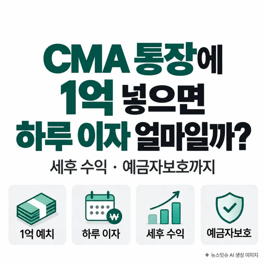 CMA 통장에 1억 원을 넣었을 때 하루 이자와 세후 수익, 예금자보호 여부를 설명하는 뉴스잇슈 대표이미지